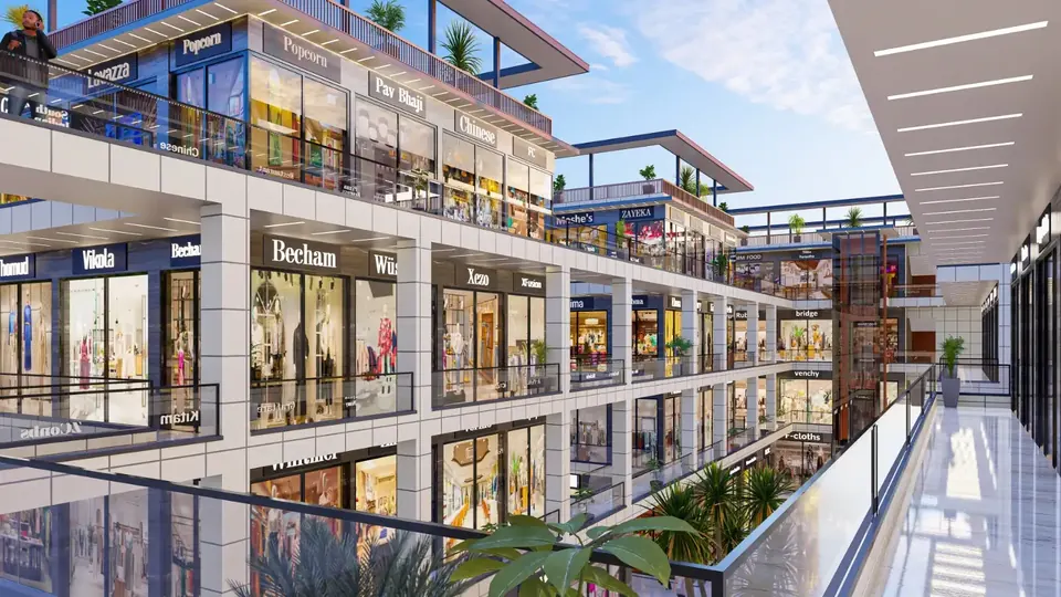 Artistic impression: first-floor gallery walkway with shopfronts