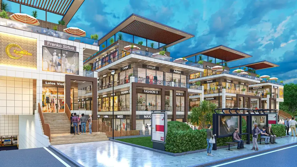 Artistic impression: evening view of The Galleria facade with timber canopy and glass shopfronts