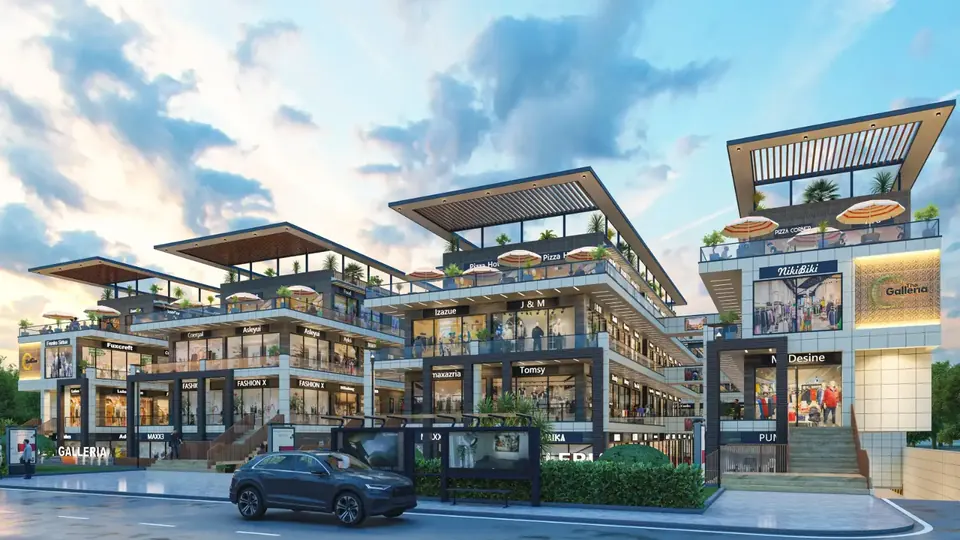 Artistic impression: wide street view of the two wings of The Galleria