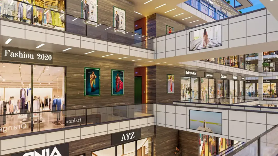 Artistic impression: double-height interior with upper-level shopfronts