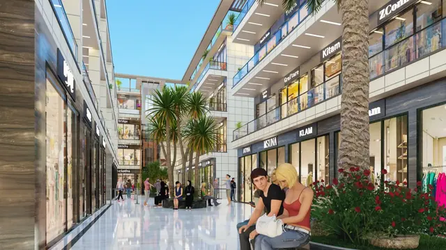 Artistic impression: landscaped atrium walkway between shopfronts