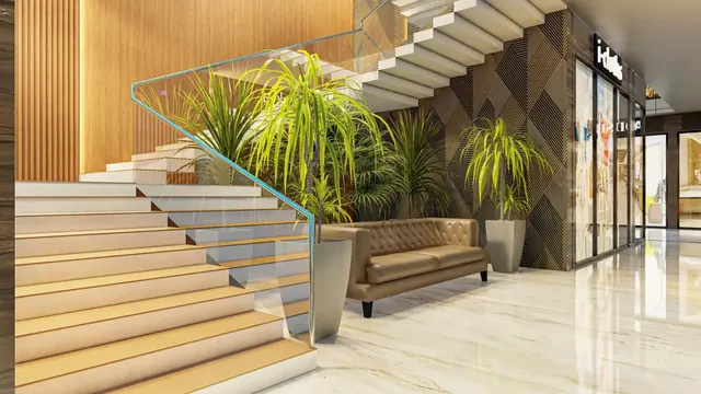 Artistic impression: staircase and seating lounge inside the complex