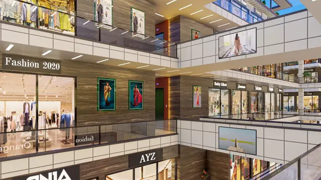 Artistic impression: double-height interior with upper-level shopfronts