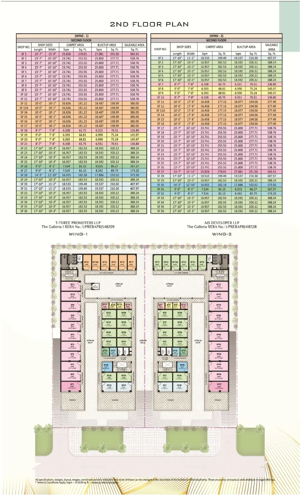 Second floor plan of The Galleria with shop numbers, sizes and areas for Wing 1 and Wing 2